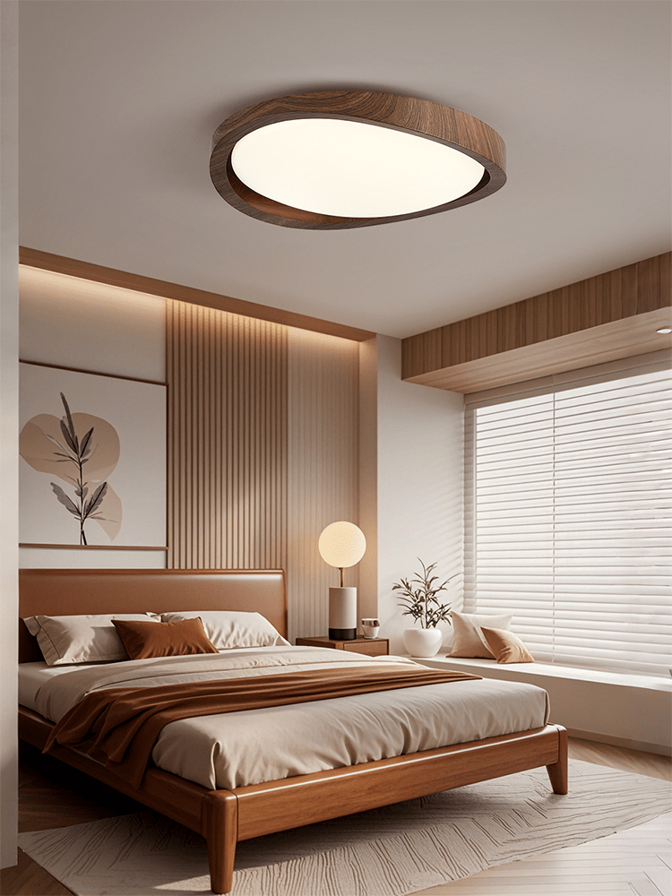 Walnut flush mount ceiling light front view on white