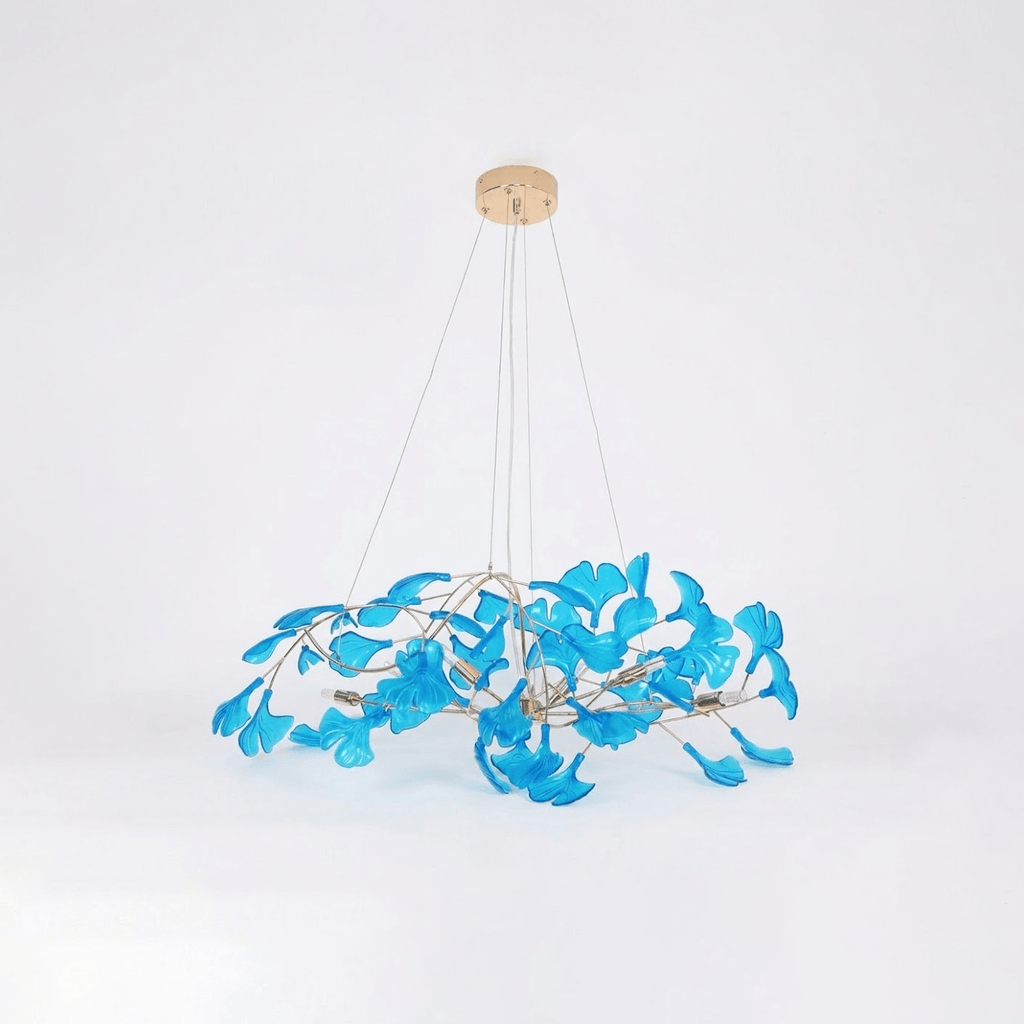 Ginkgo leaf chandelier with acrylic leaves on a slim metal frame