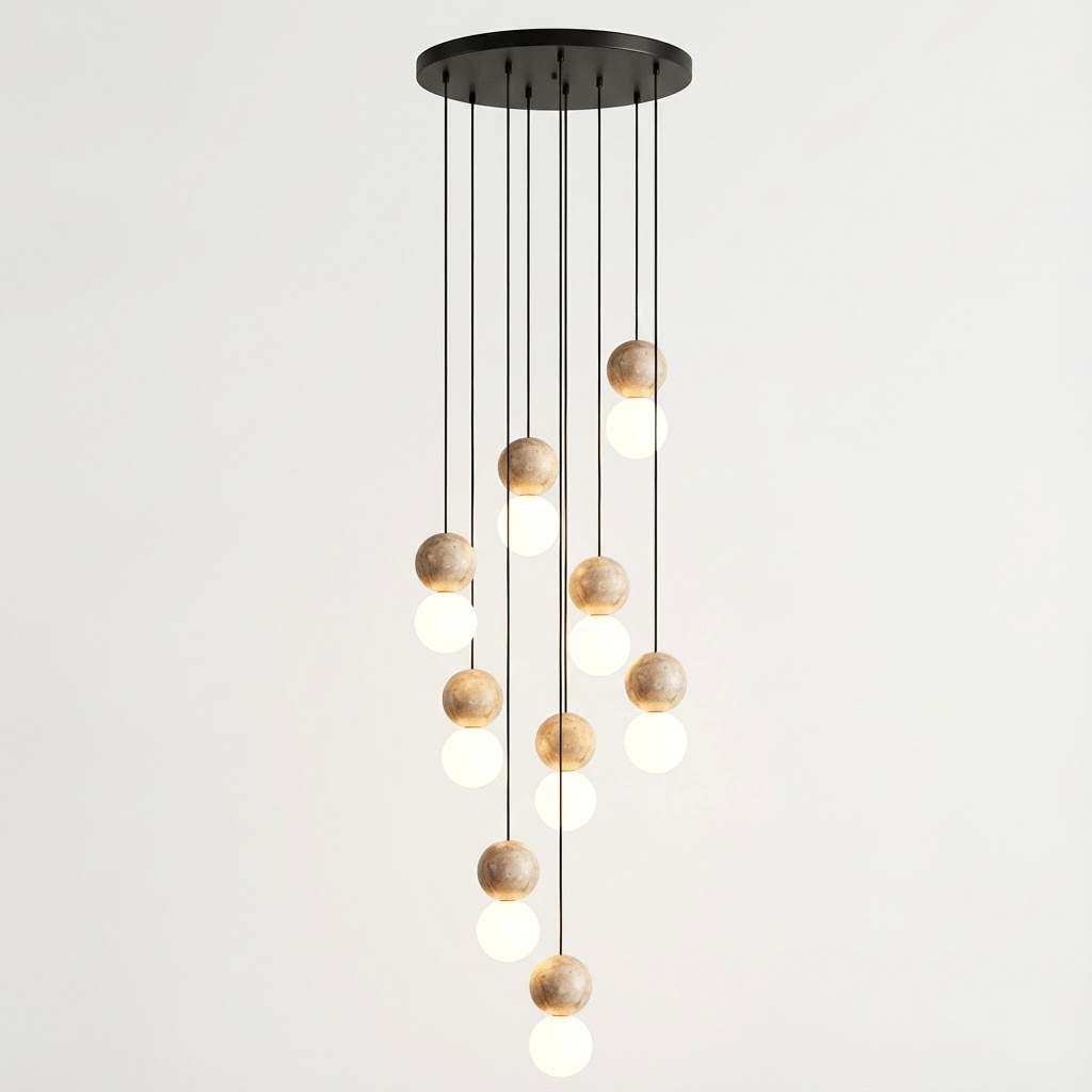A full spiral of travertine and glass spheres cascades from this multi-light Clérachic pendant's round canopy.