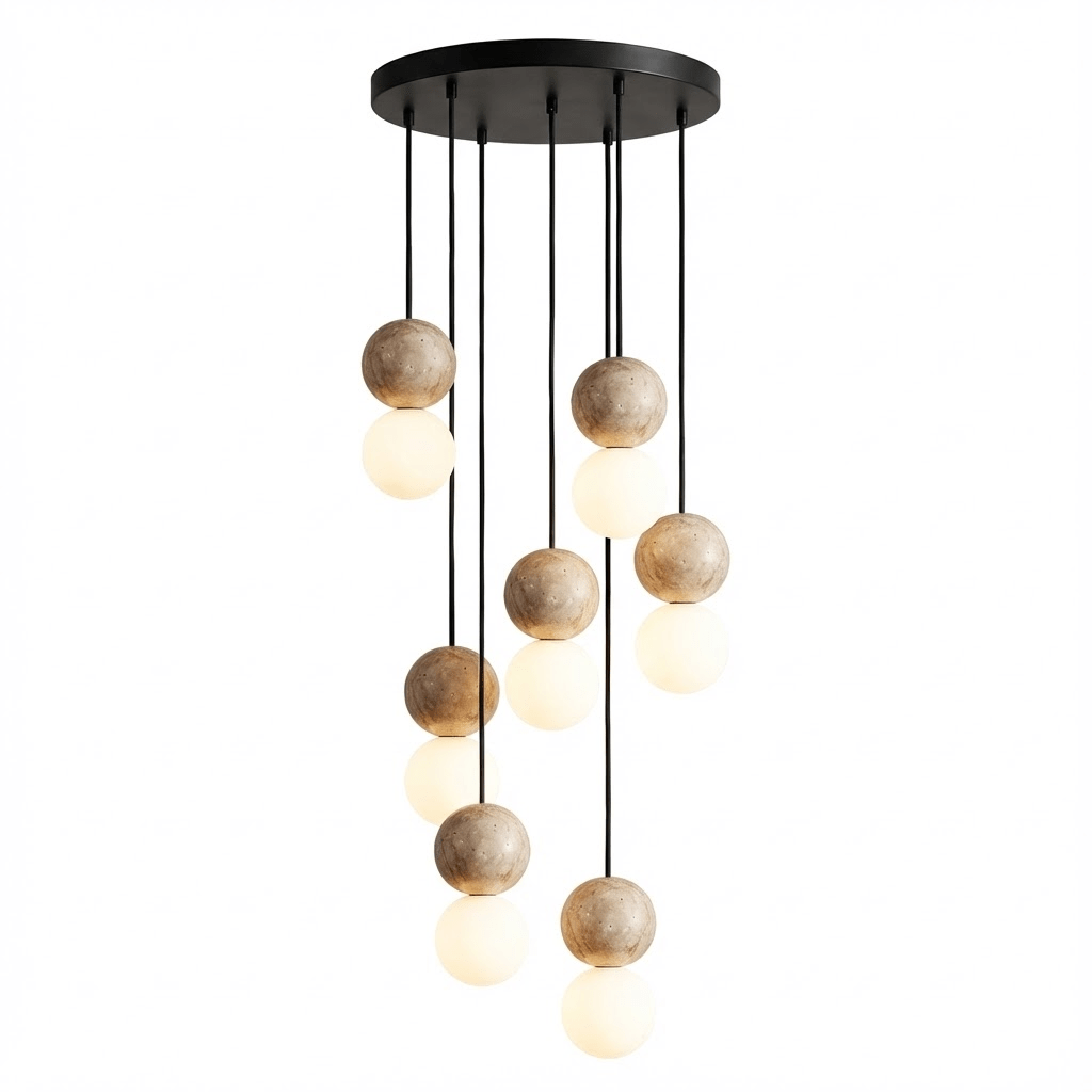 Nine cords cascade travertine and glass spheres at staggered heights from this Clérachic pendant's round canopy.