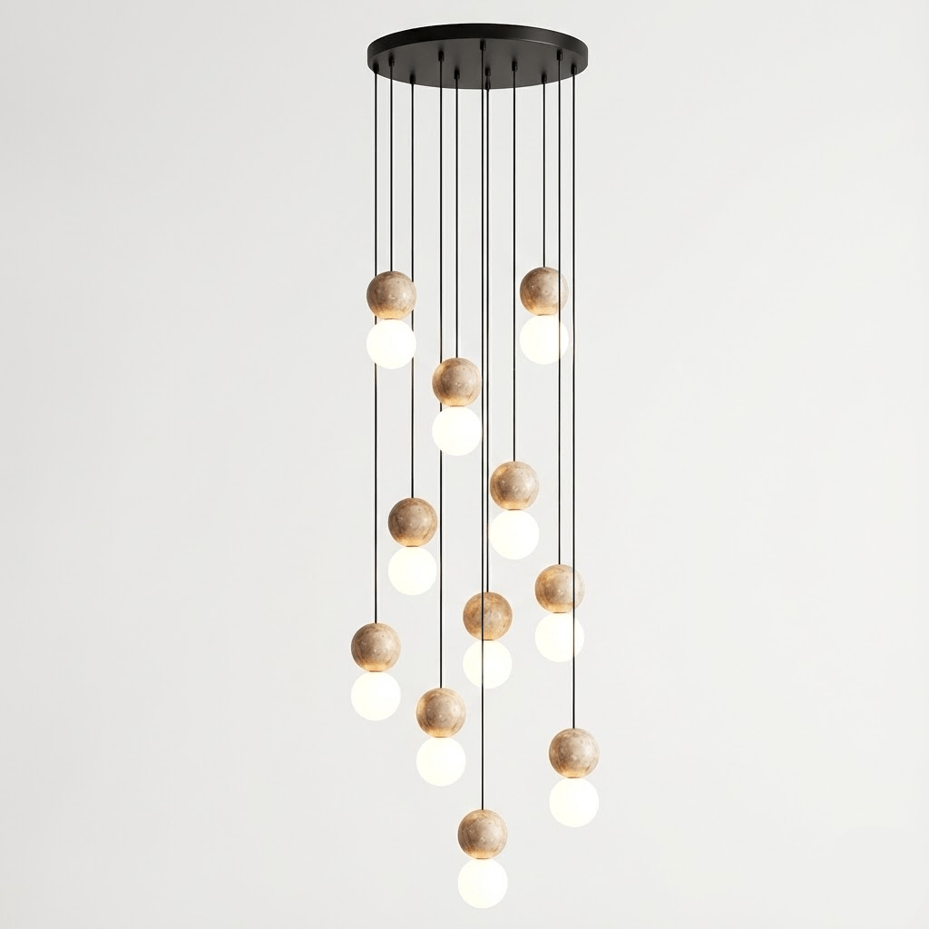 Eleven cords cascade travertine and glass spheres at staggered heights from this Clérachic pendant's round canopy.
