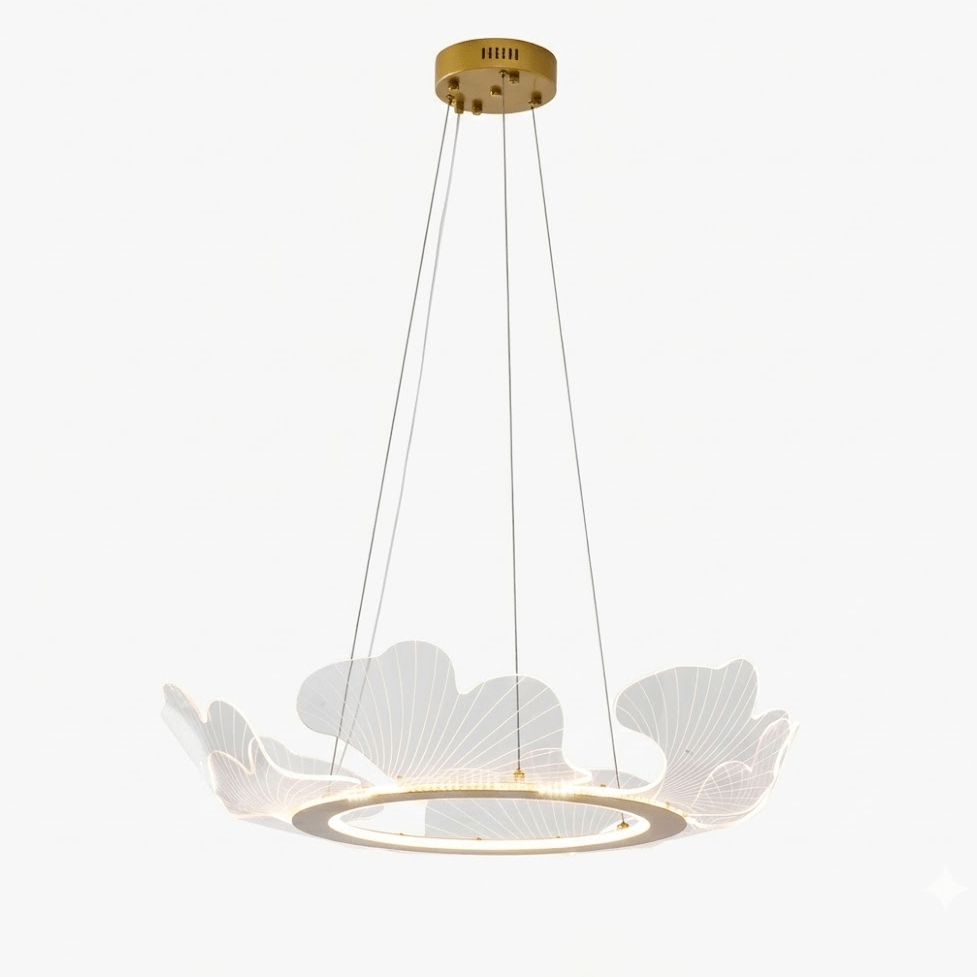 Gold leaf chandelier lit warmly against a dark ceiling