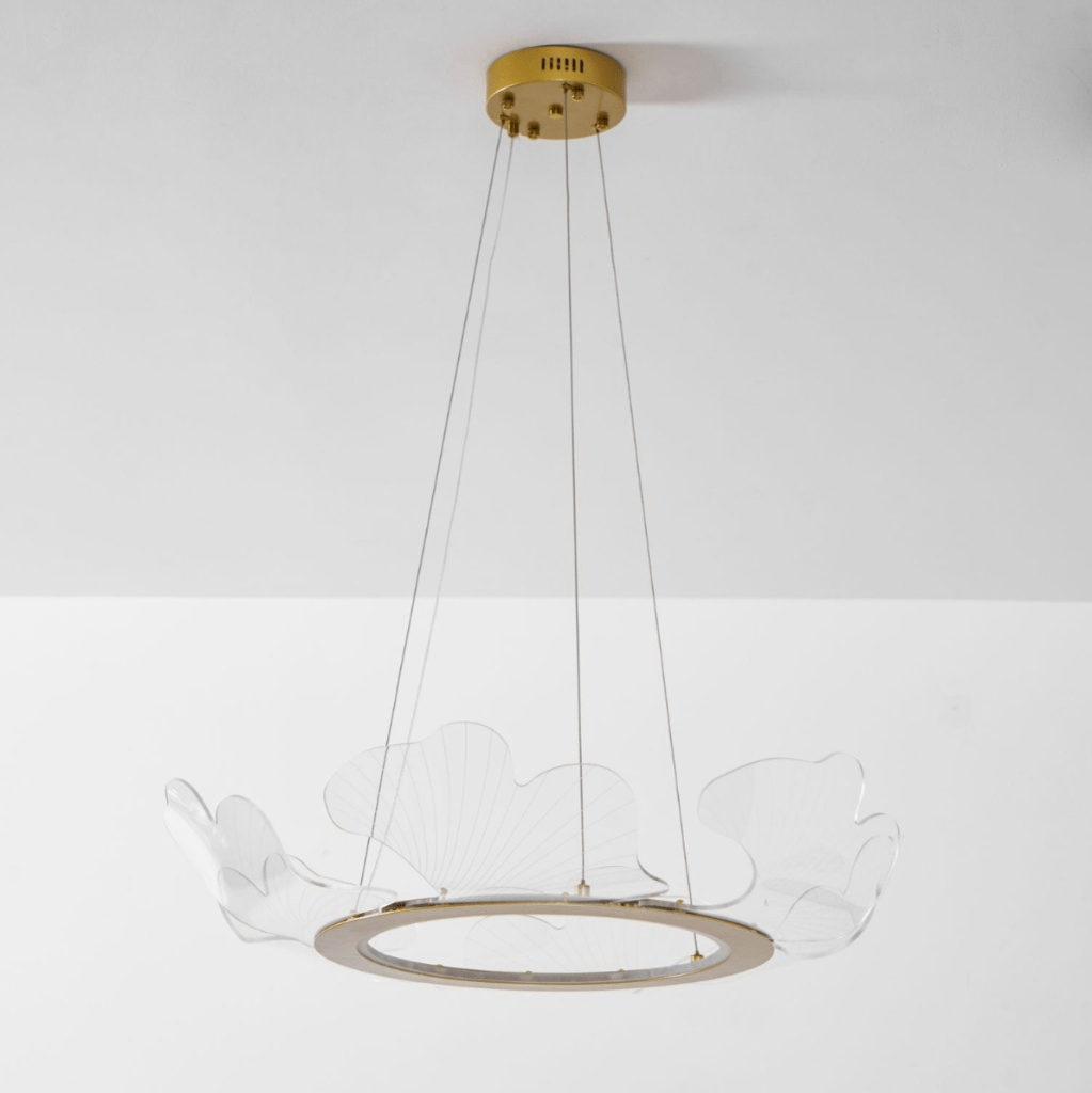 Leaf-form gold chandelier with clear acrylic layers glowing