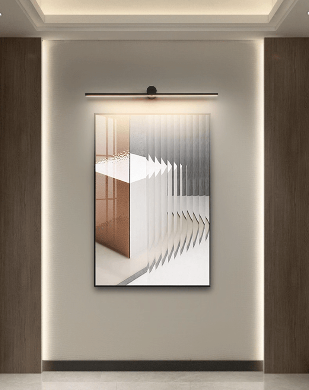 This Clérachic wall light glows above a framed abstract print in a warm, cove-lit alcove.