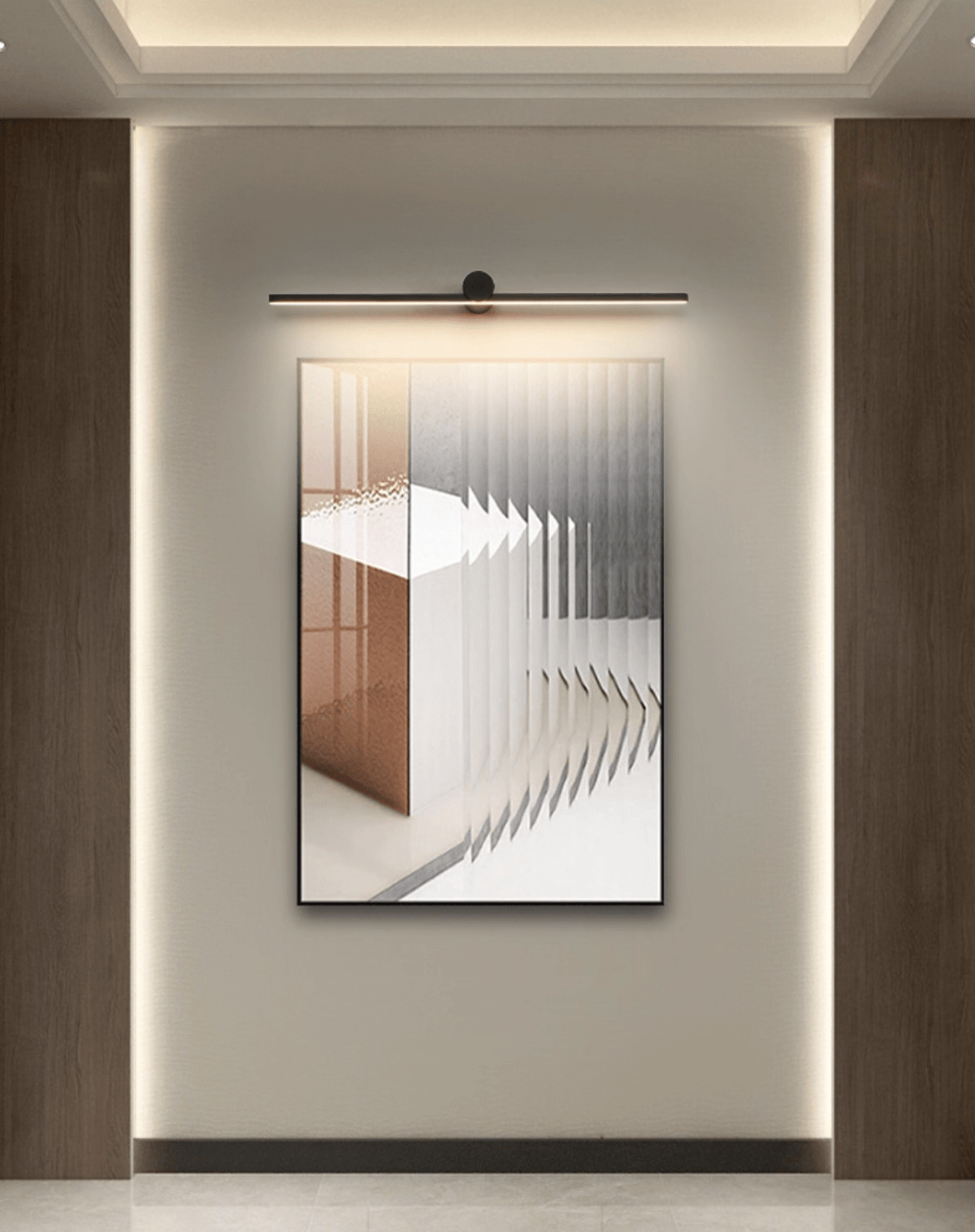 This Clérachic wall light glows above a framed abstract print in a warm, cove-lit alcove.