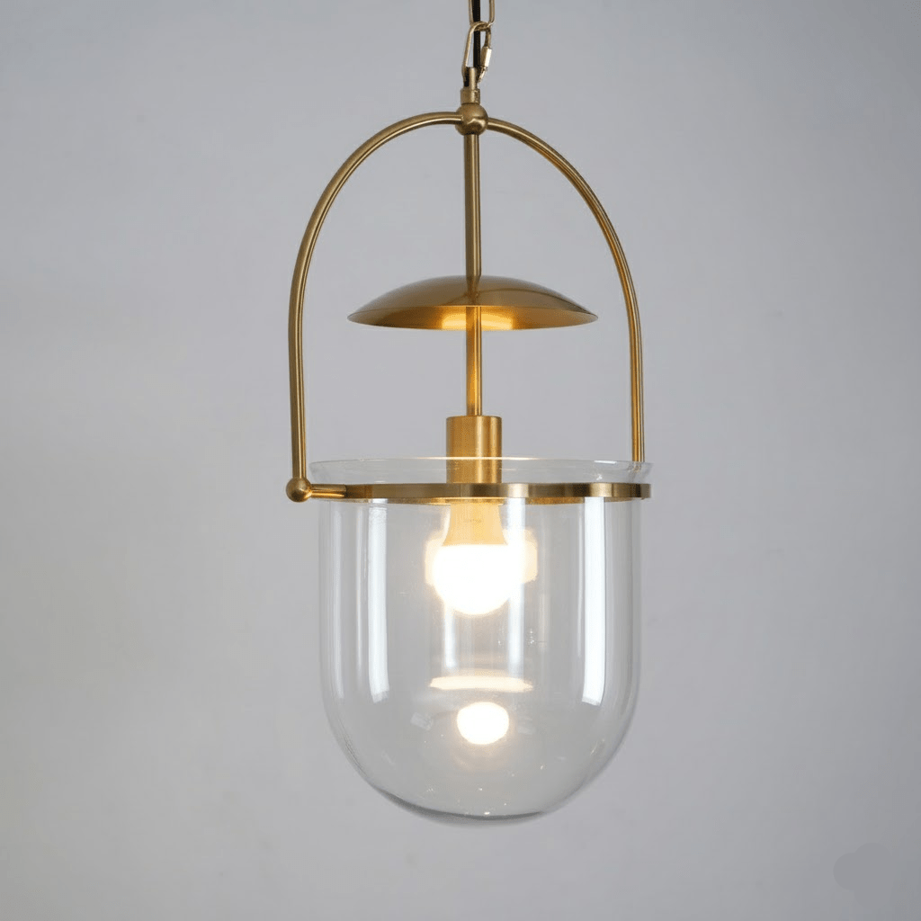 Glowing amber glass pendant light casting warm light in a dining room