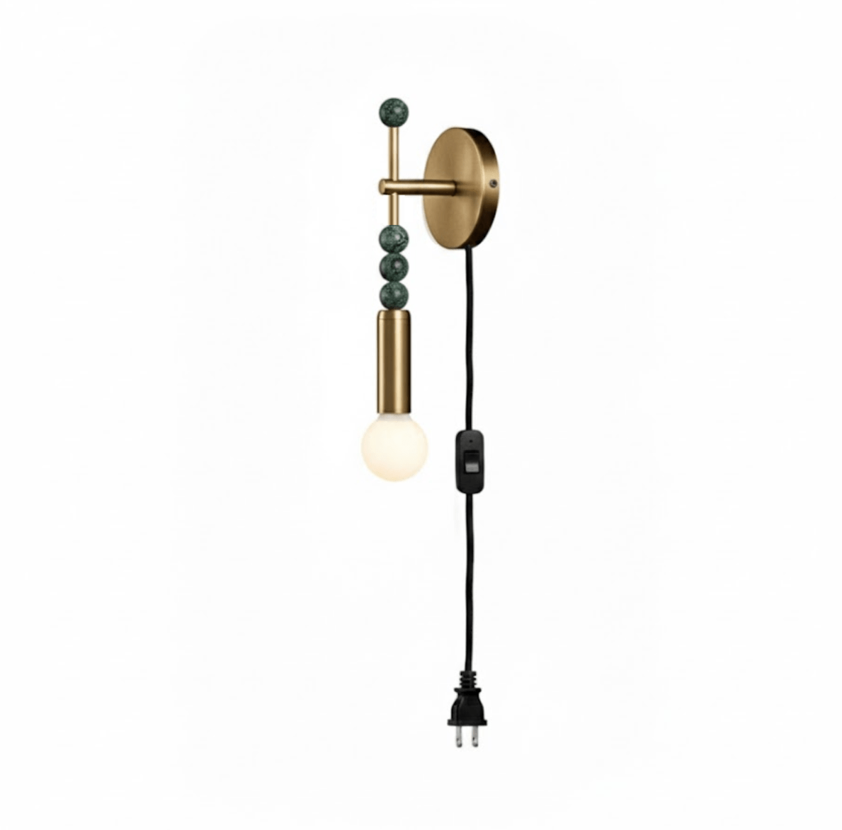 Clérachic wall sconce on white, green stone beads stacked above a lit glass globe, cord ending in a plug.