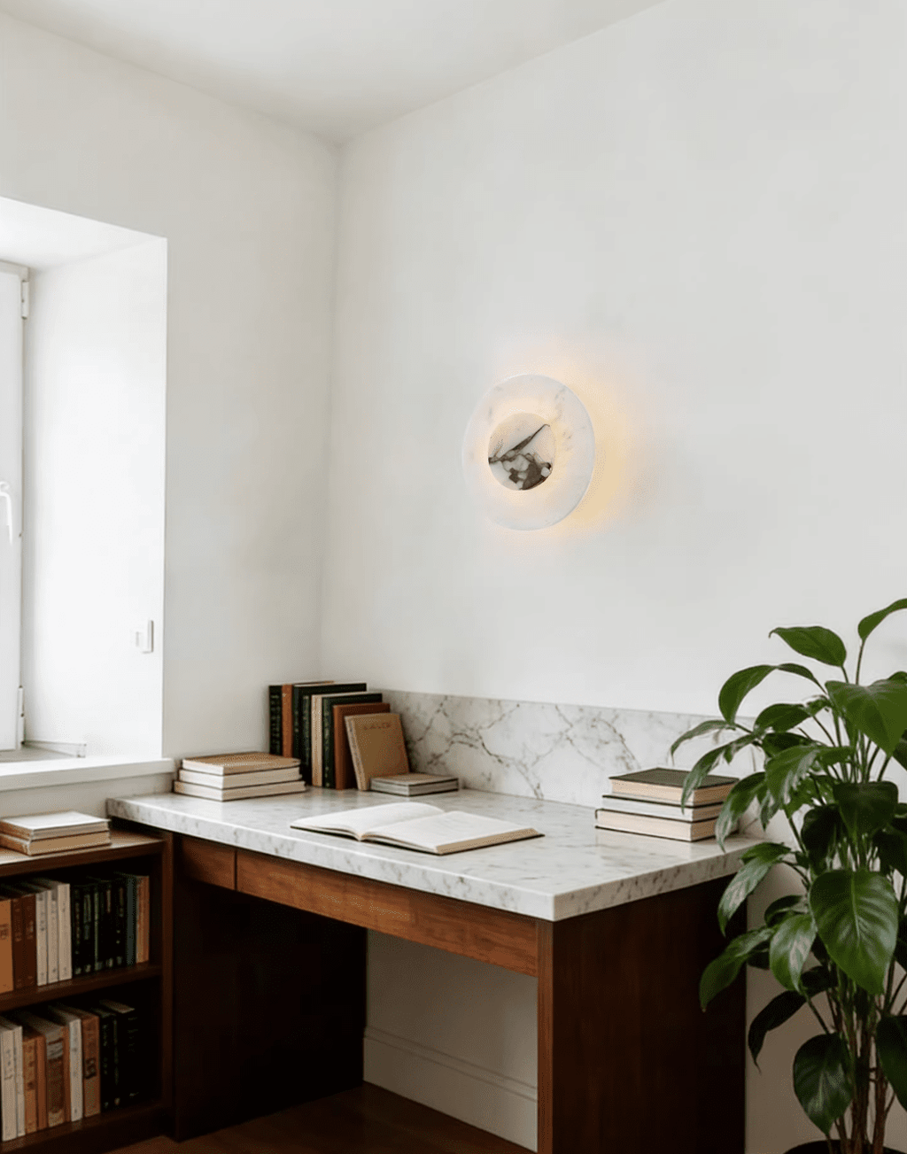 A Clérachic alabaster wall light glows above a marble-topped desk with stacked books, a bookshelf, and a potted plant.