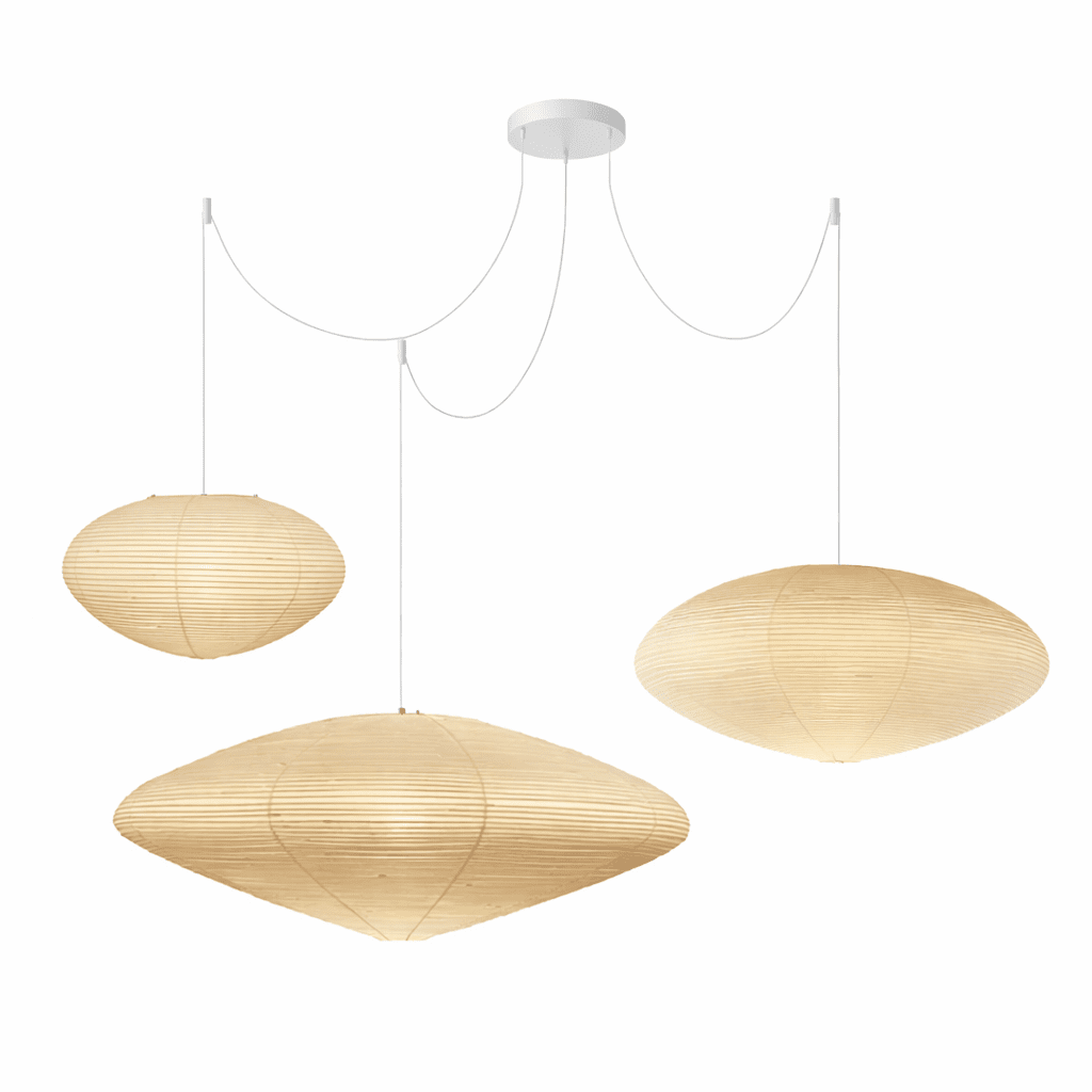 Washi paper pendant light hanging against a neutral wall