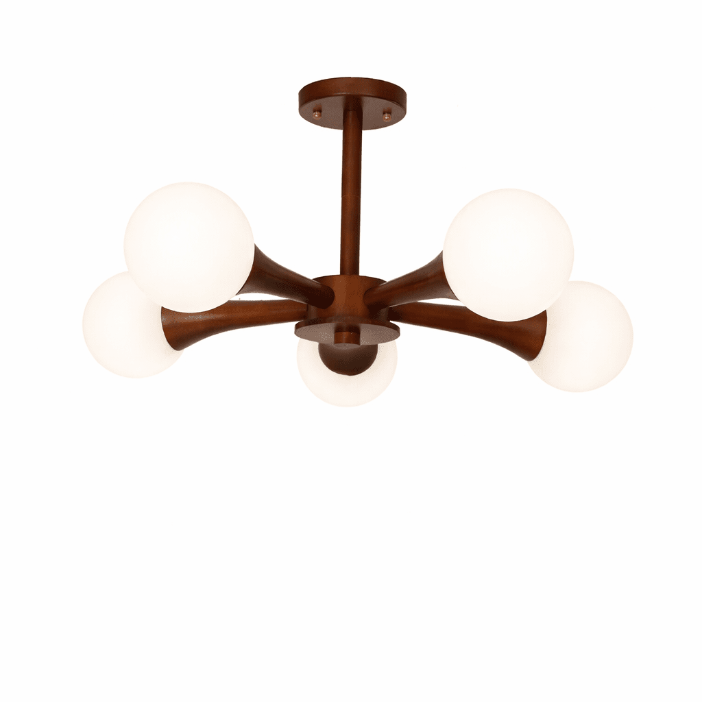 Shown fuller and at an angle, this Clérachic chandelier's walnut wood arms and opal glass globes sit unlit on a plain white background.