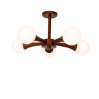 Shown fuller and at an angle, this Clérachic chandelier's walnut wood arms and opal glass globes sit unlit on a plain white background.