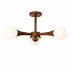 On a plain white background, this Clérachic chandelier is shown in its walnut wood finish, unlit with five opal glass globes.