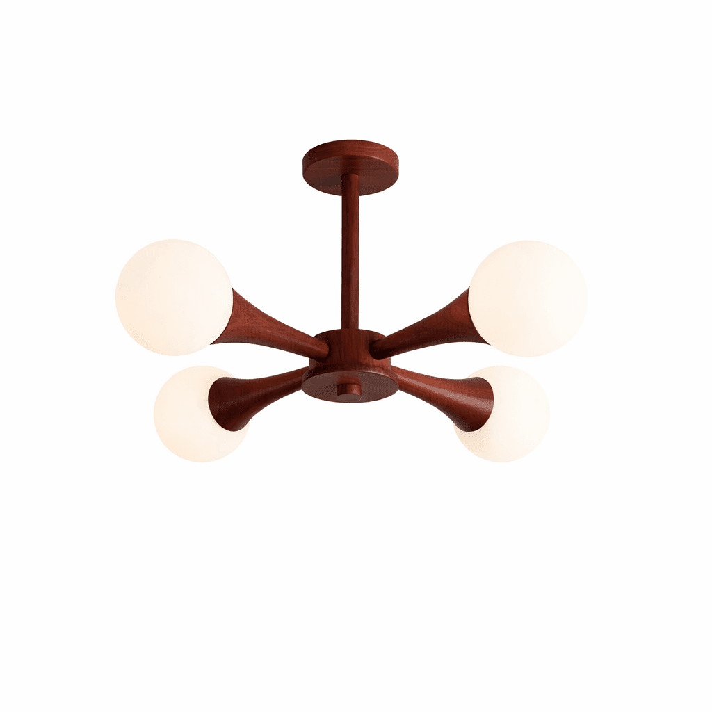 Unlit at an angle on a plain white background, this Clérachic chandelier's walnut-stained arms hold five opal glass globes.