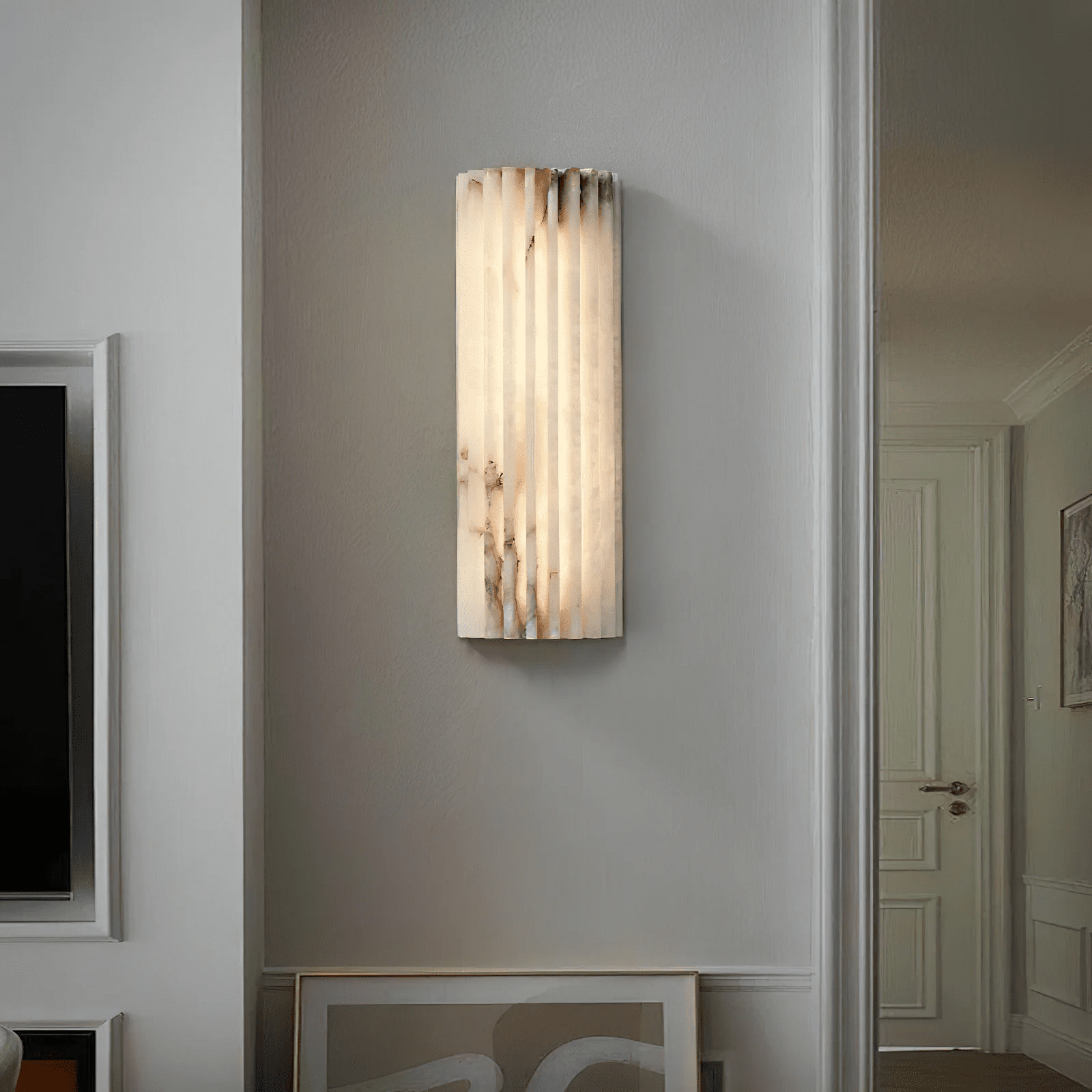 Detail of alabaster wall light showing milky white stone