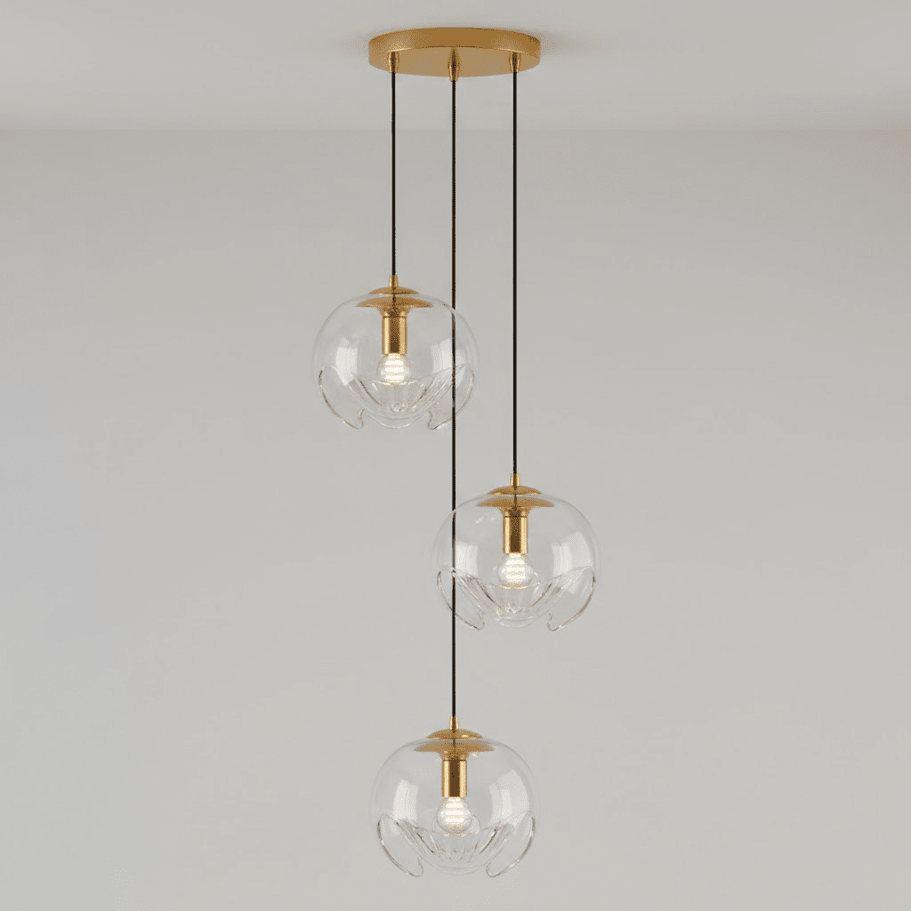 Three clear glass shades with gold fittings hang at staggered heights from a round gold ceiling plate, this Clérachic fixture shown against a plain wall.