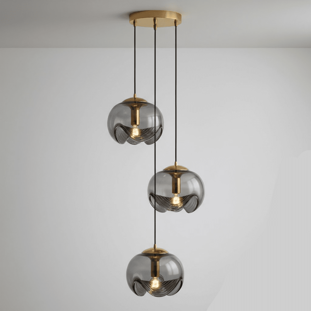 Three smoky grey glass shades with gold fittings hang at staggered heights from a round gold ceiling plate, this Clérachic fixture shown against a plain wall.