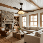 Ceiling fan shade illuminated showing soft ambient light pattern