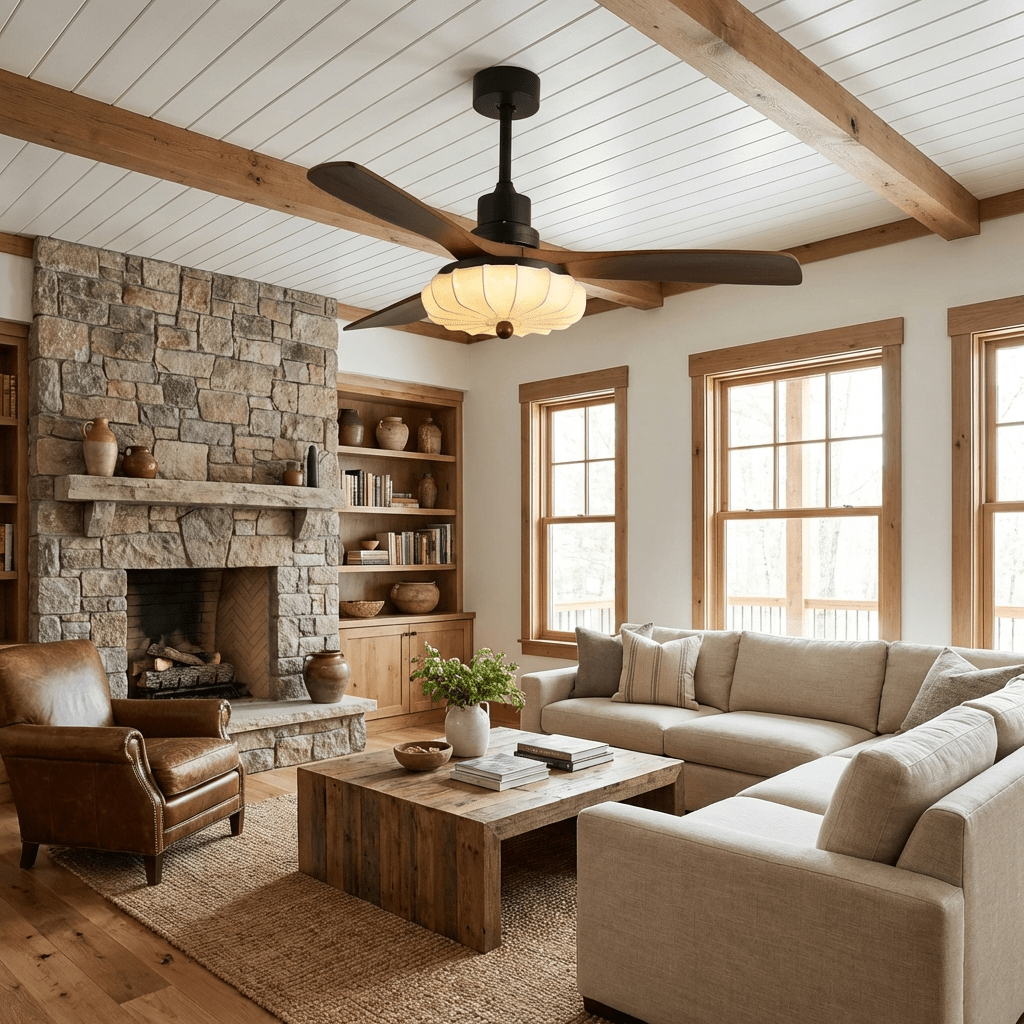 Ceiling fan shade illuminated showing soft ambient light pattern