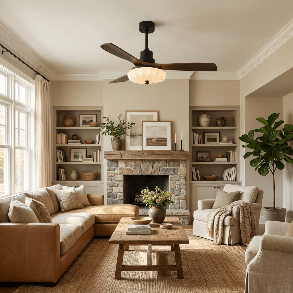 Walnut-blade ceiling fan with fabric shade viewed from below