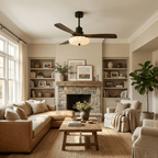 Walnut-blade ceiling fan with fabric shade viewed from below