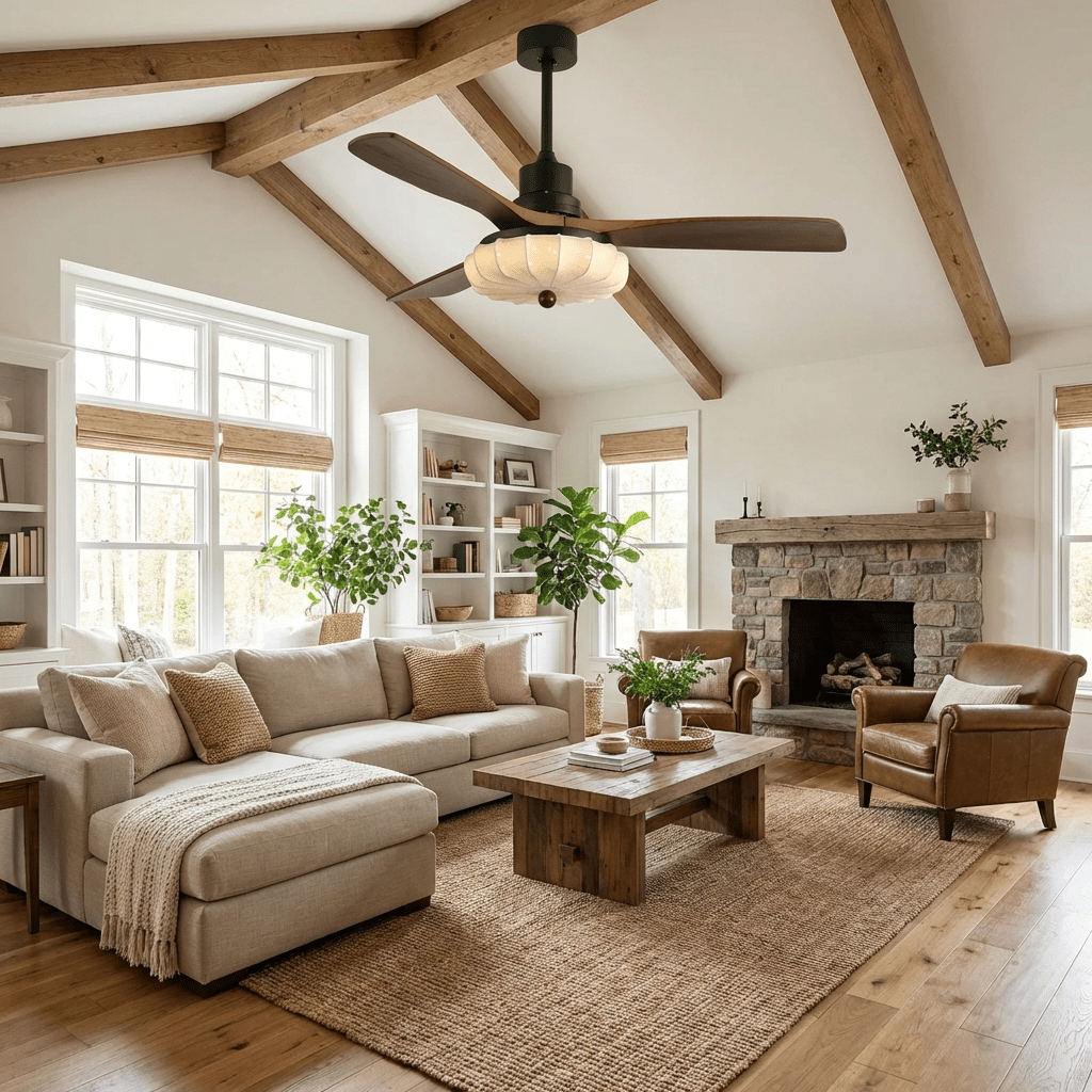 Ceiling fan with lotus fabric shade in a styled living space
