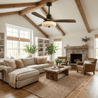 Ceiling fan with lotus fabric shade in a styled living space