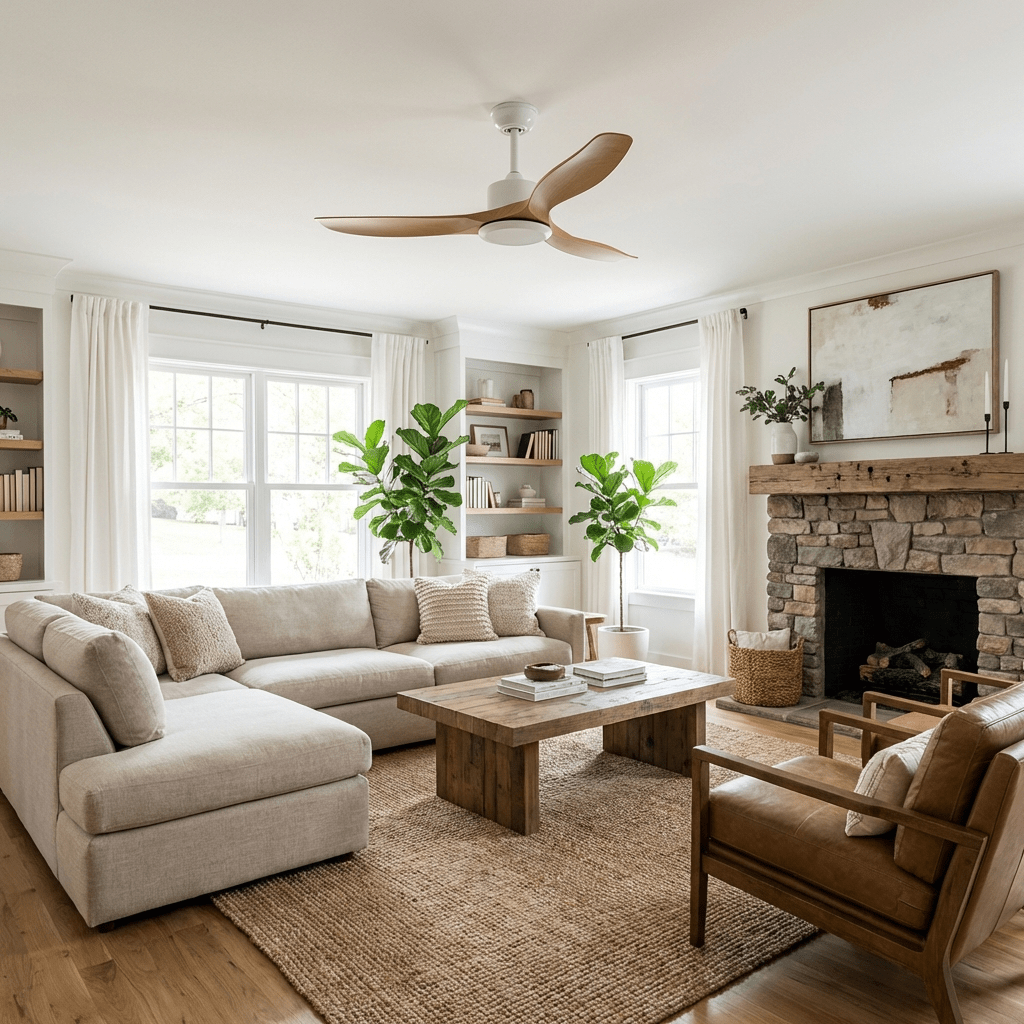 Ceiling fan shown in matte white against a pale ceiling