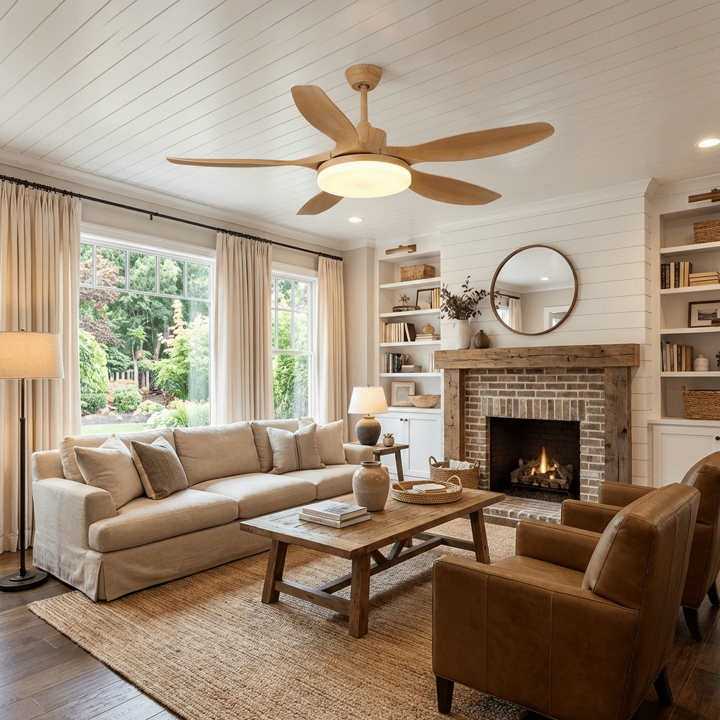 Specification diagram of wood grain ceiling fan with integrated LED