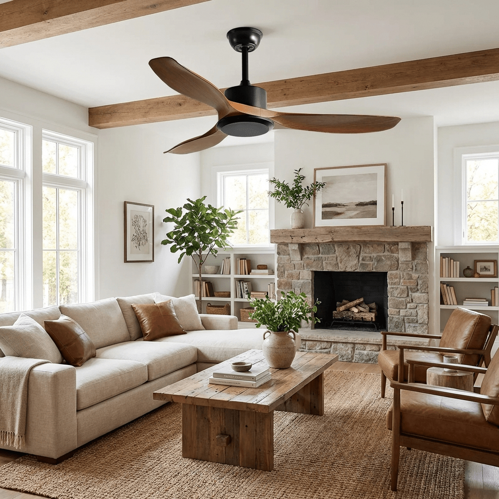 Ceiling fan finish detail showing natural wood grain blades