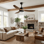 Ceiling fan finish detail showing natural wood grain blades