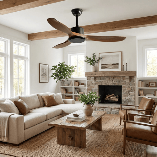 Ceiling fan finish detail showing natural wood grain blades