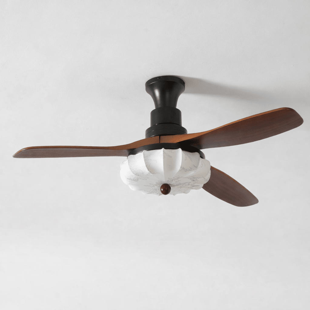 Detail of walnut wood fan blades and matte black hardware