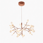 Rose gold firefly chandelier with glowing white leaves