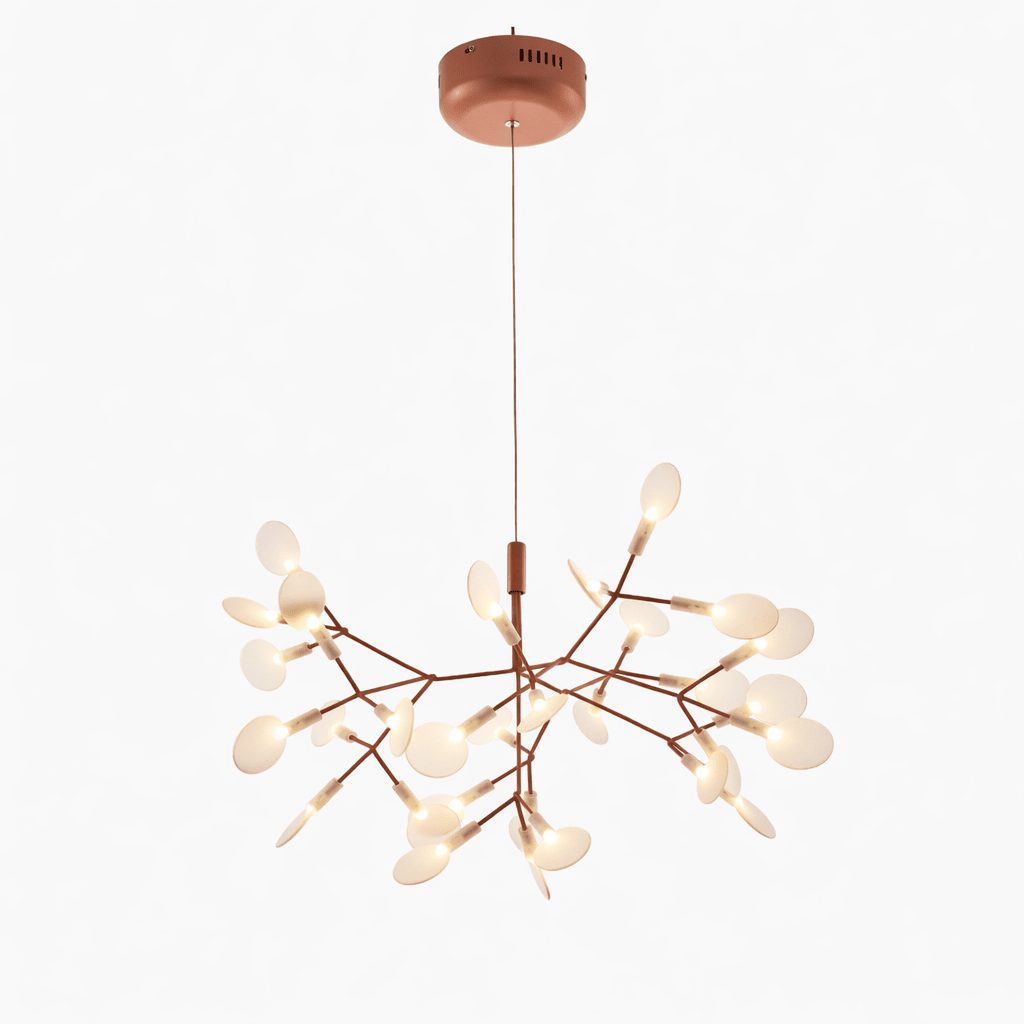 Rose gold firefly chandelier with glowing white leaves
