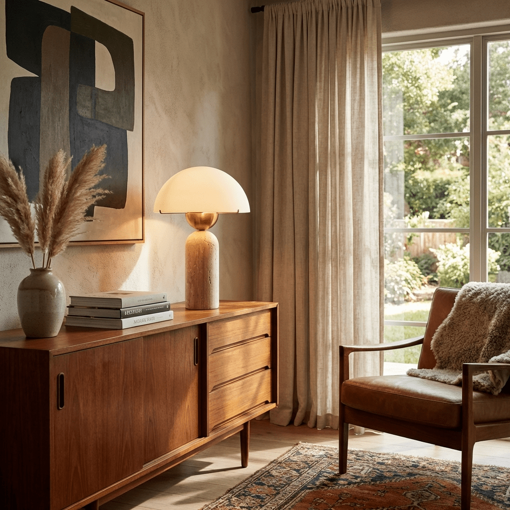 This Clérachic dome table lamp with a travertine base sits lit on a walnut sideboard between pampas grass and abstract art.