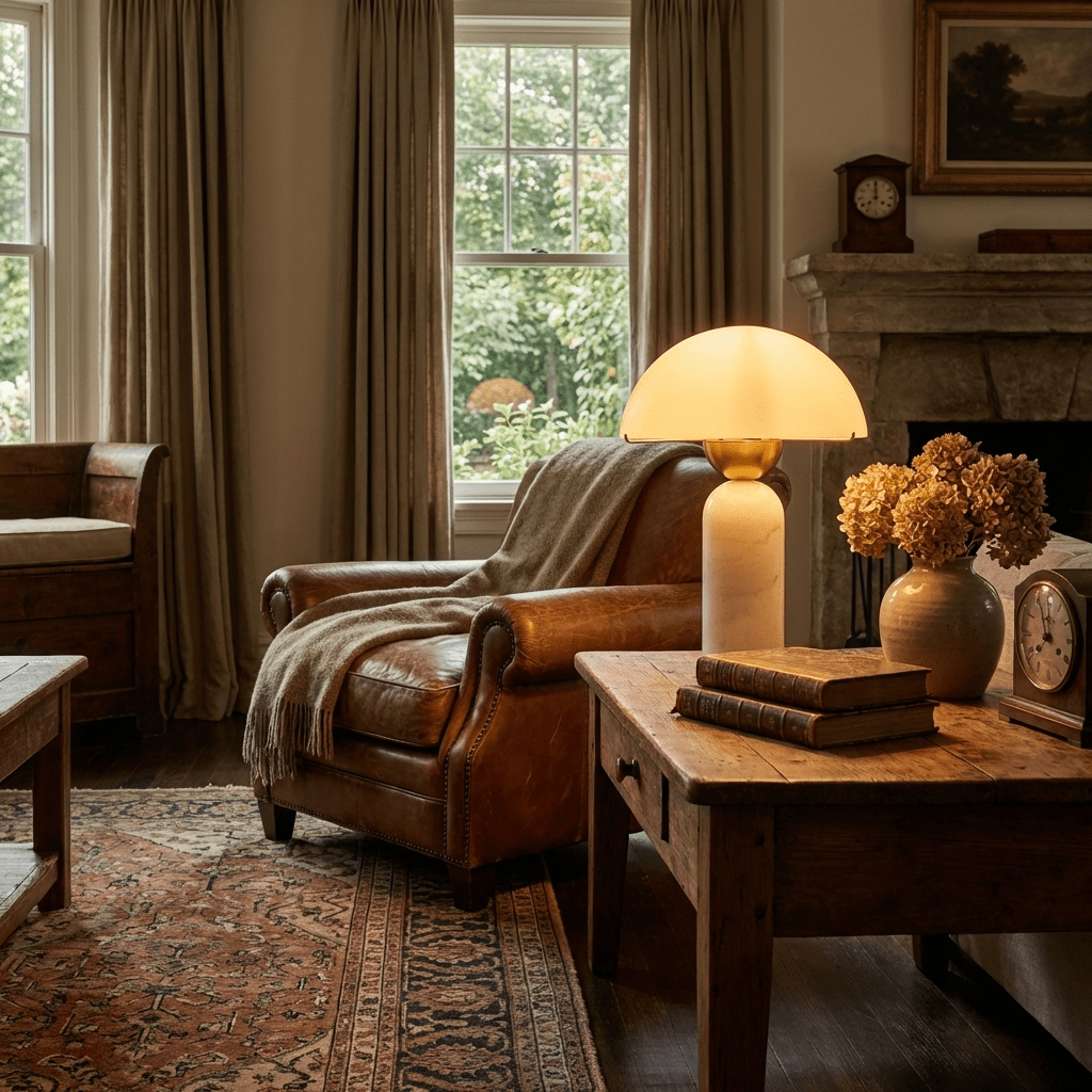 A Clérachic dome table lamp with a grey marble base lights a wooden coffee table beside a leather armchair and fireplace.