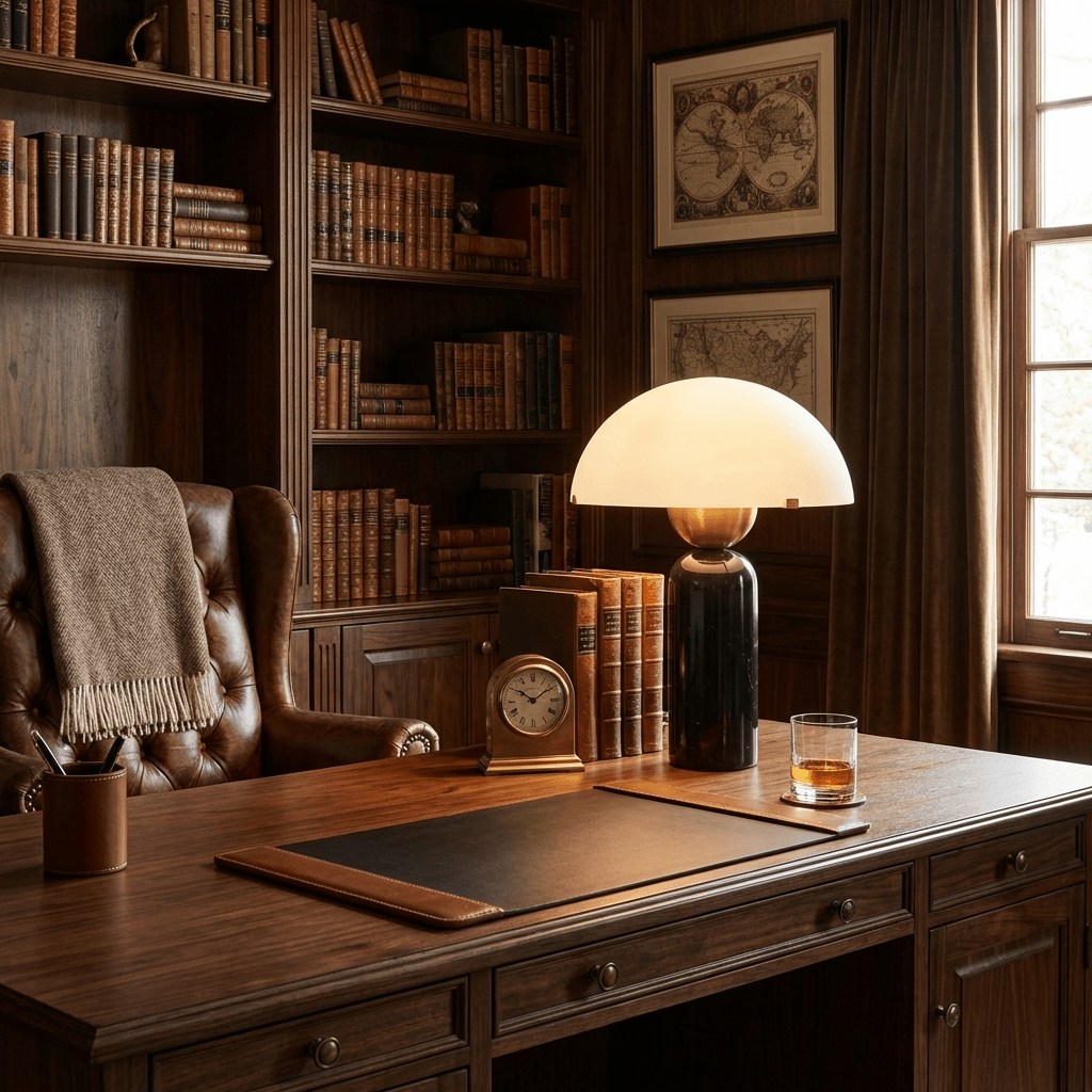 In a dark wood-panelled study, a Clérachic dome table lamp with a black marble base lights a desk beside a clock and whisky glass.