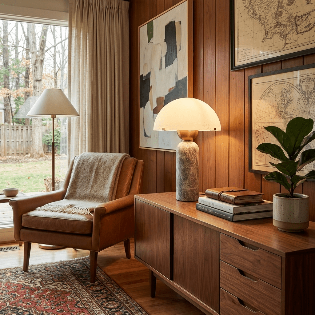 A Clérachic dome table lamp with a travertine base glows on a wood sideboard in a wood-panelled room hung with framed maps.