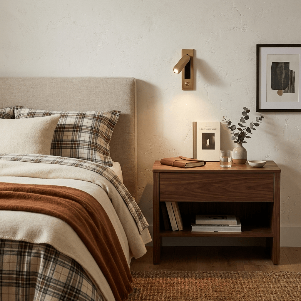 Recessed bedside wall sconce profile showing its compact folding design