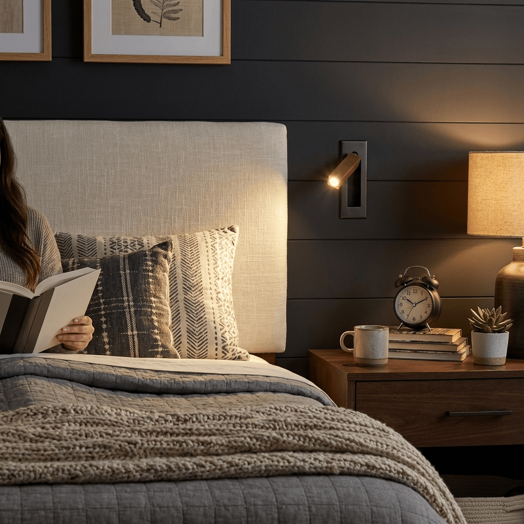 Recessed bedside wall sconce dimensions shown against a plain wall