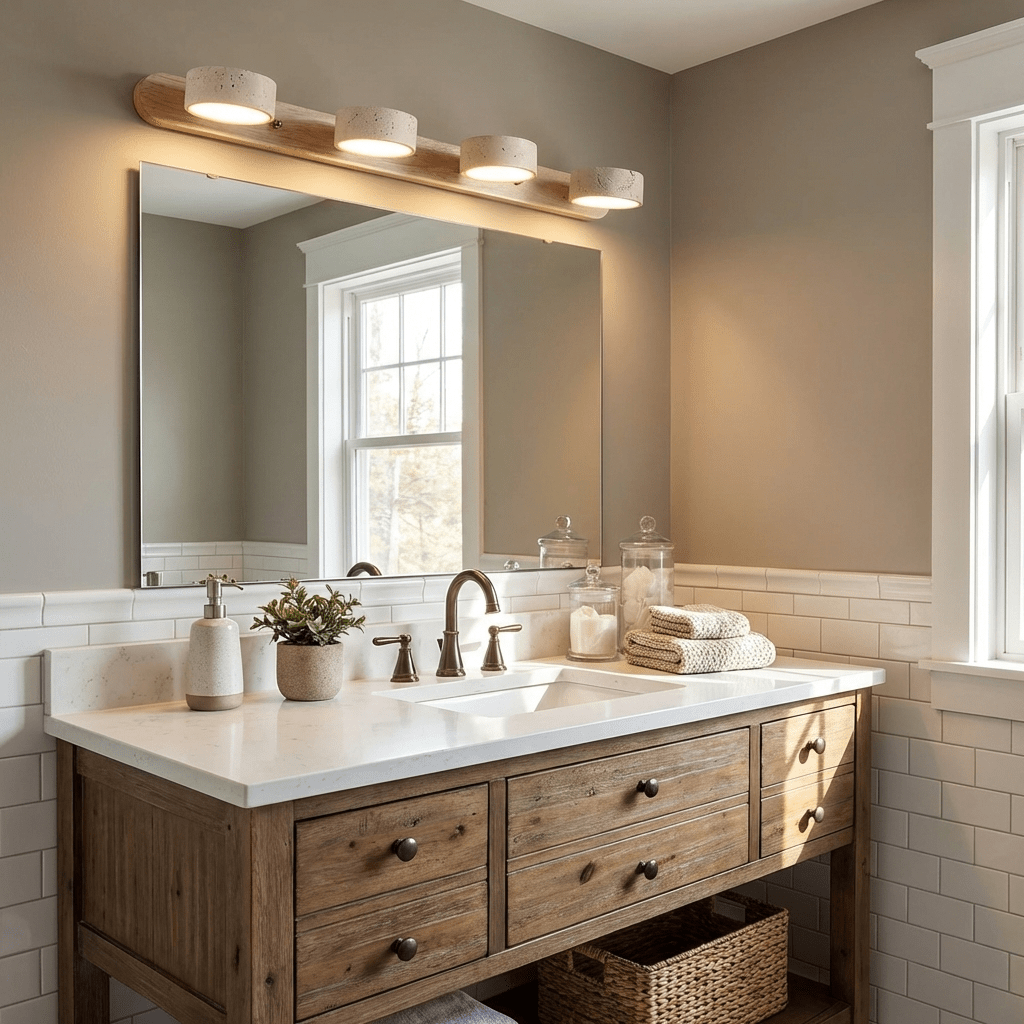 Travertine duo wall light with four stone shades lit on a wall