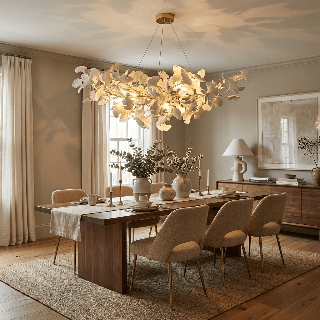 Porcelain gingko chandelier shown from below with leaves lit