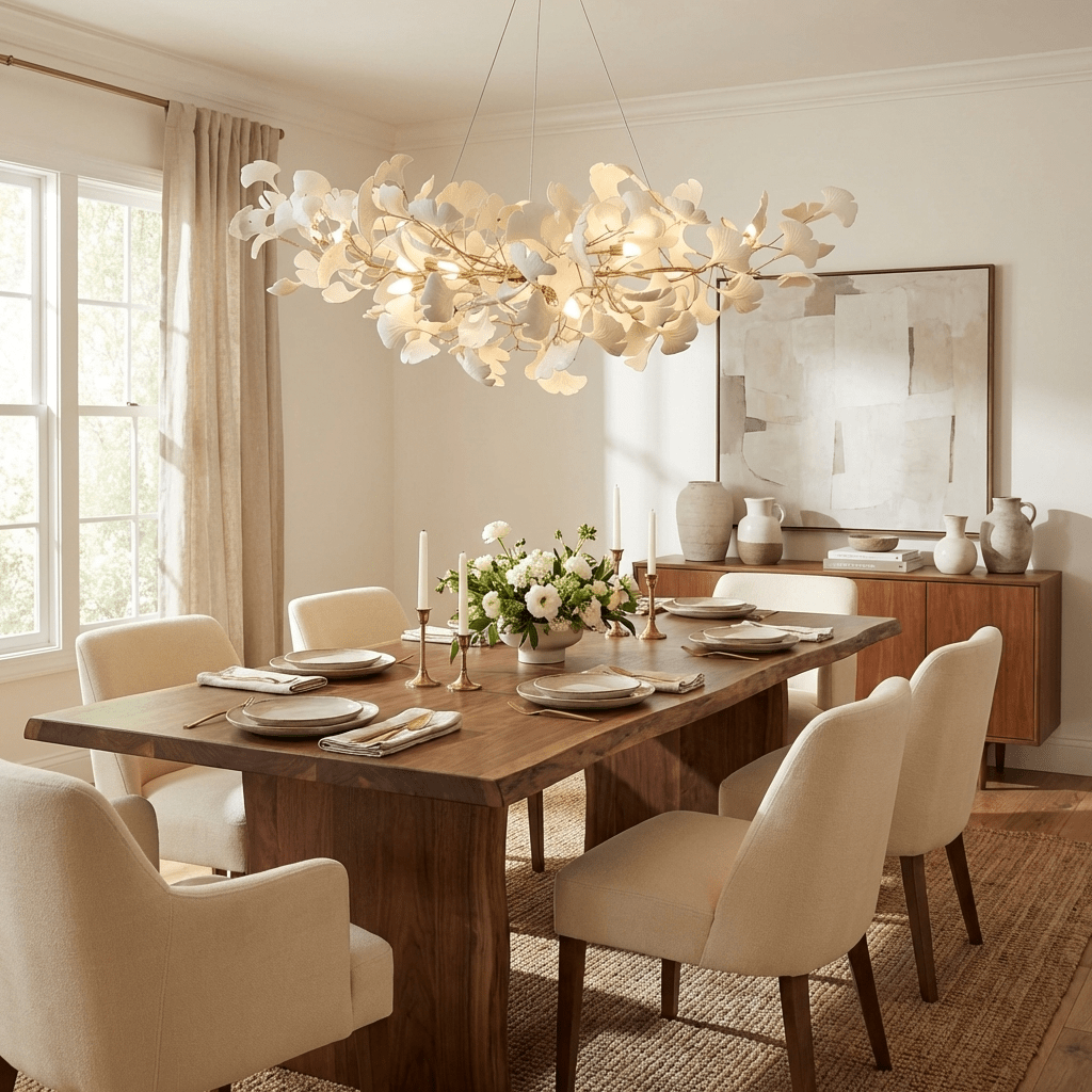Porcelain gingko chandelier with branches fanned into a wide canopy