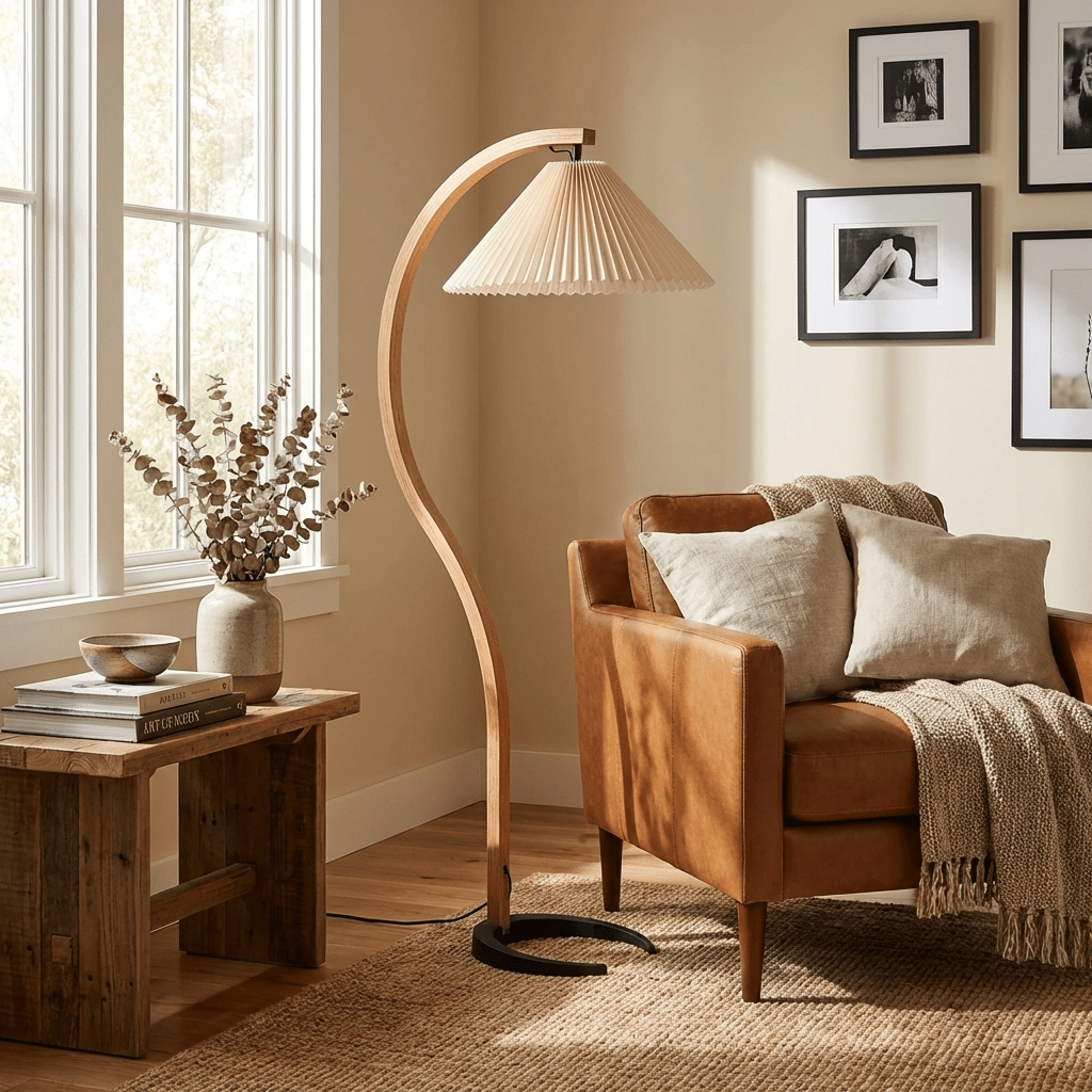 Detail of beechwood stem meeting the iron floor lamp base