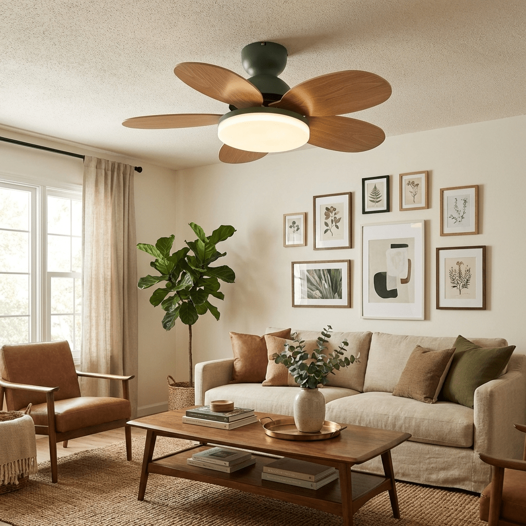 Ceiling fan with petal-shaped wooden blades close-up