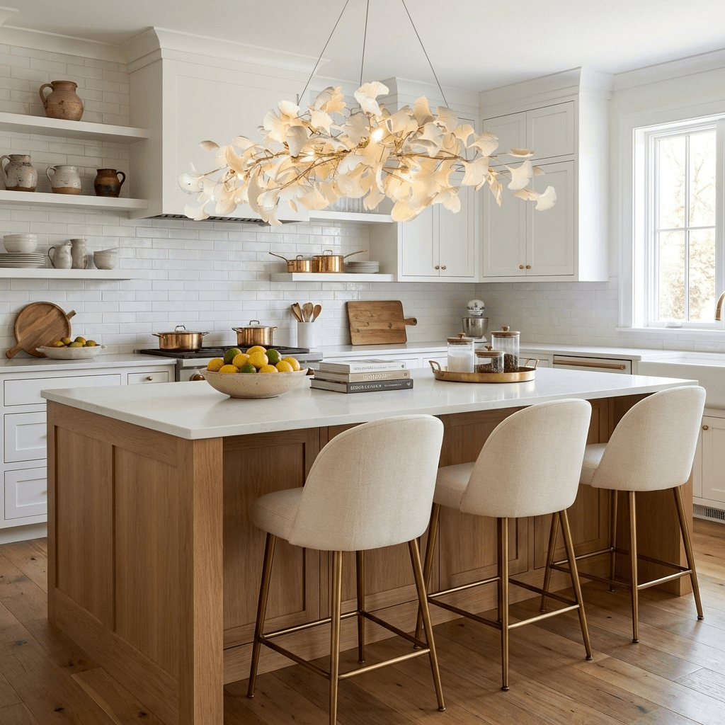 Porcelain ginkgo leaf chandelier in a warm-lit room