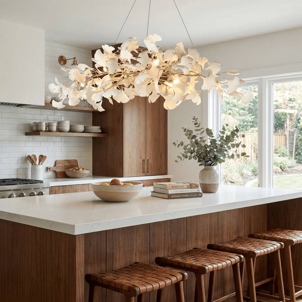 Layered leaf chandelier casting soft light over a table