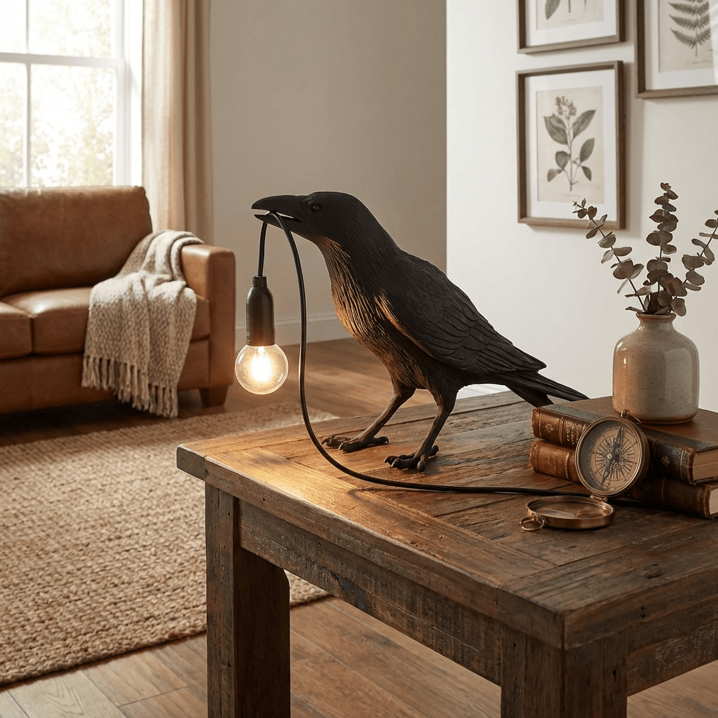 Raven table lamp styled beside books on a desk