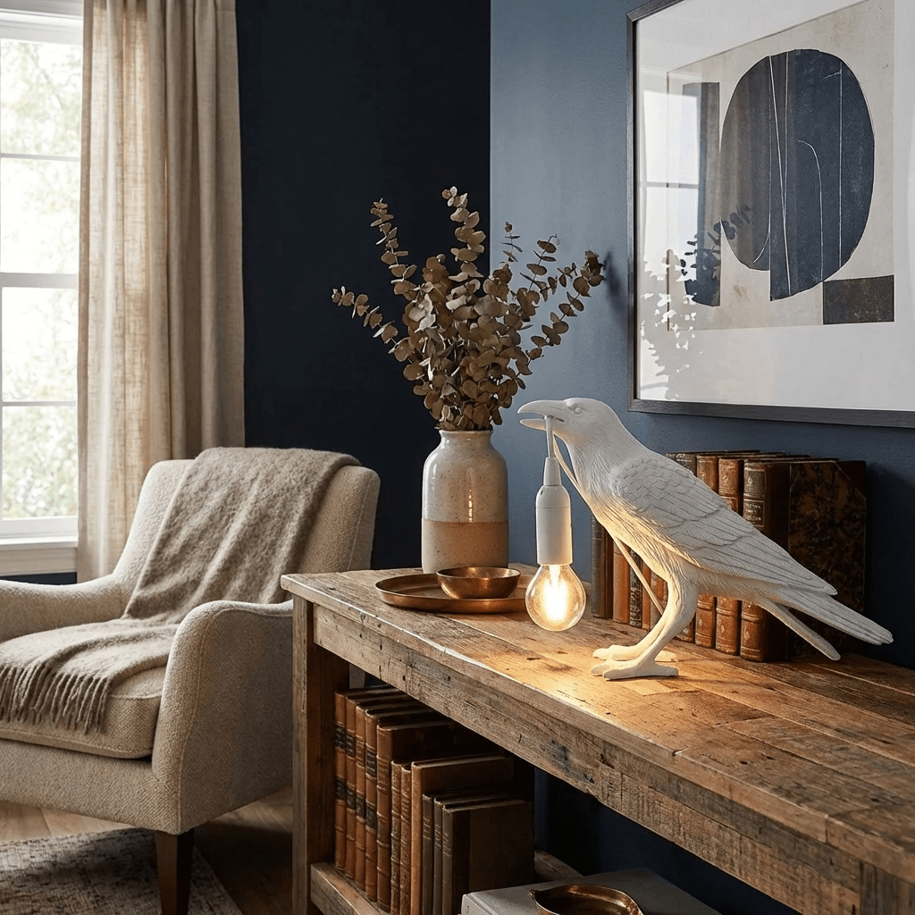 White raven table lamp on a clean surface with soft light