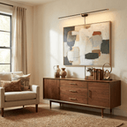 Minimalist linear wall lamp shown in a styled room